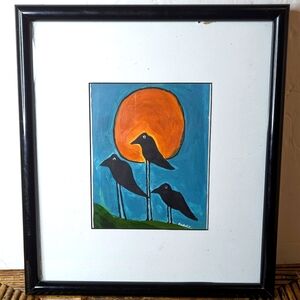 Framed Original Painting "3 Crows" Artist Signed 14.5"L X 13"W